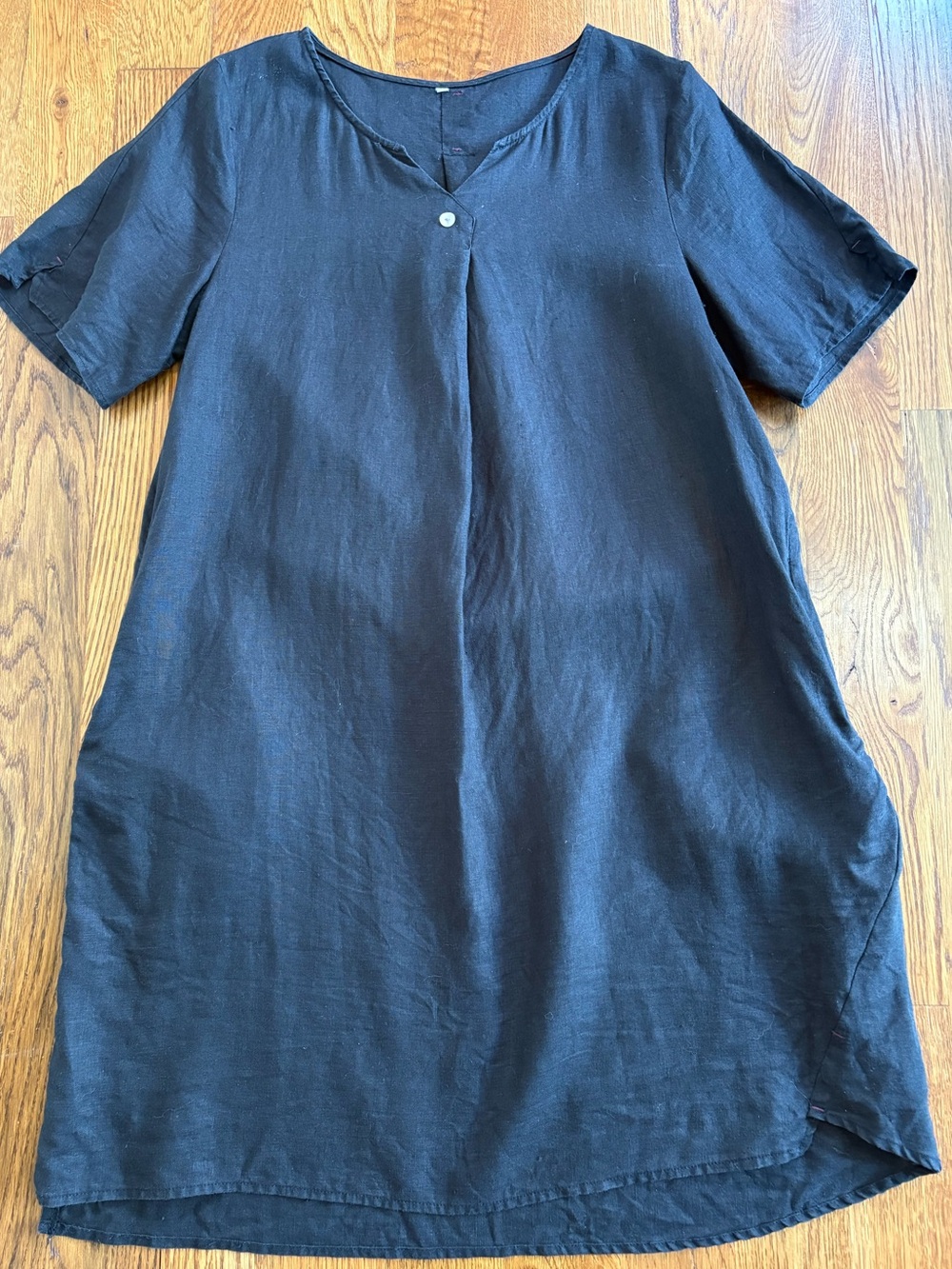 Minimalist 100% Linen Shift Dress Pockets Short Sleeve Lagenlook Black M - Picture 3 of 13